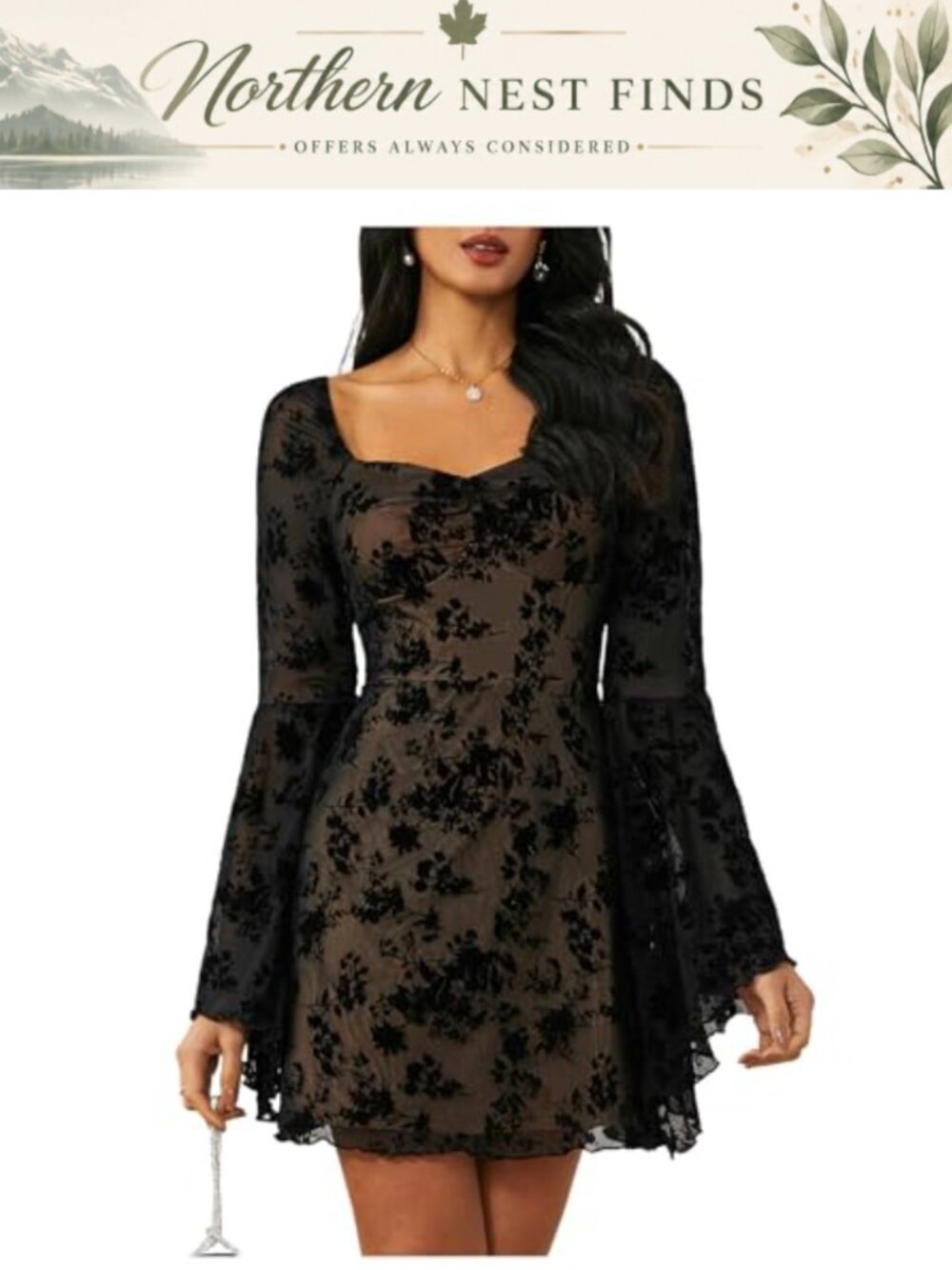 Gothic Floral Mesh Long Sleeve A-Line Dress Square Neck Halloween Costume